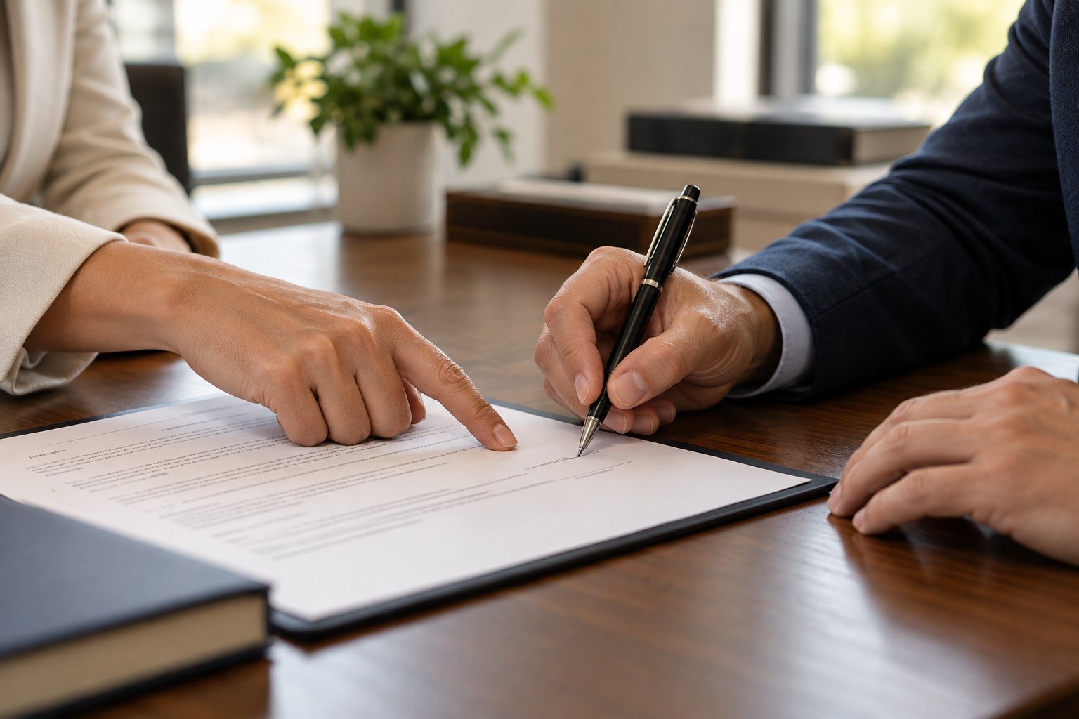 Una persona firma un documento mientras un profesional señala la línea de firma